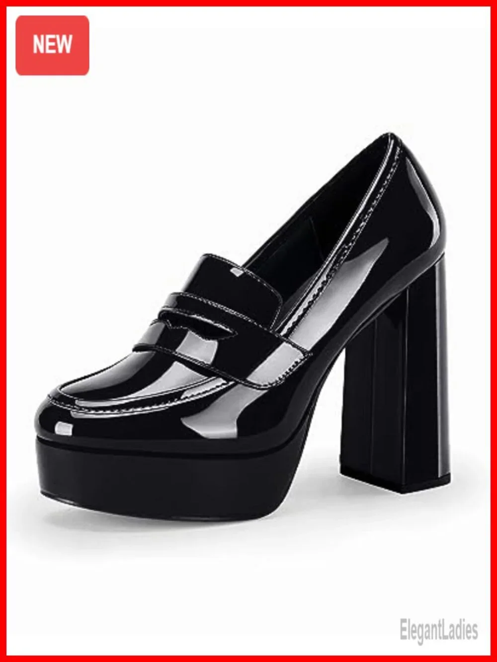 Chunky Platform Loafers Women's Heels Patent Leather Closed Toe Block Heel